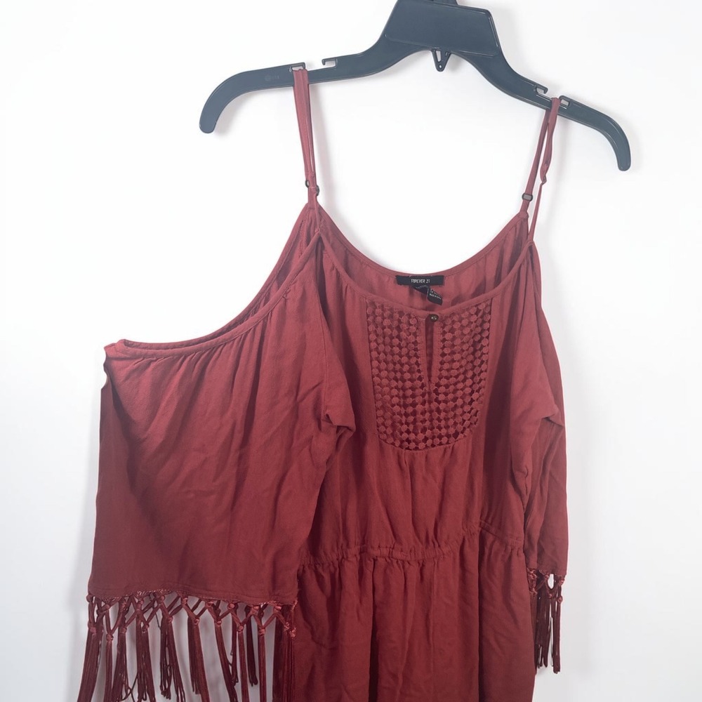 Forever 21 Rust Red Cold Shoulder Fringe Crochet Romper Medium Boho Festival